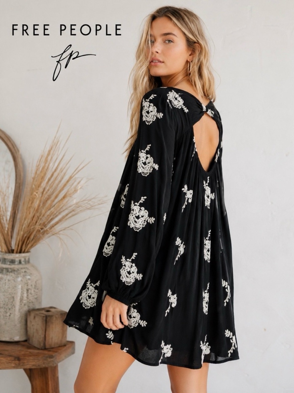 Free People Embroidered Austin Mini Dress XS Black Ivory Floral Boho Swing Dress